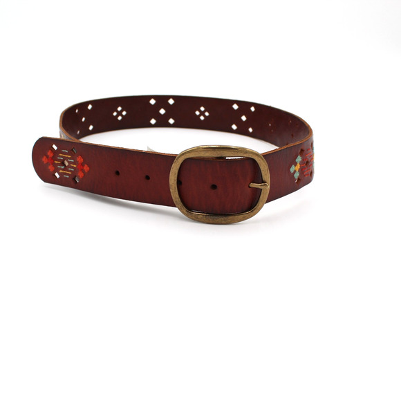 Fossil Y2K Belt Women Size Small Brown Leather Embroidered Western Boho Festival - Picture 1 of 7